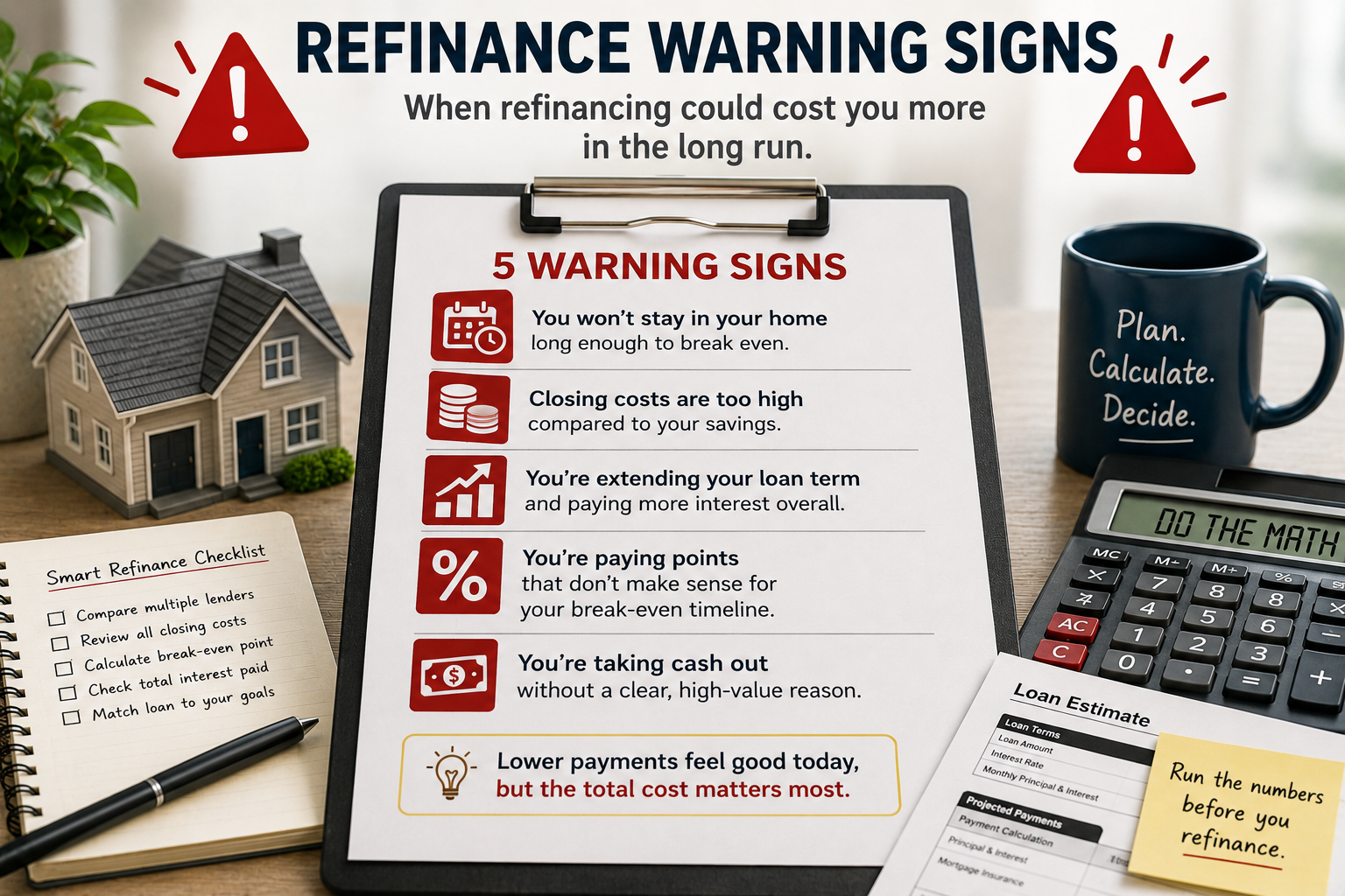 Five refinance warning signs showing break-even, loan term, fees, points, and cash-out risk