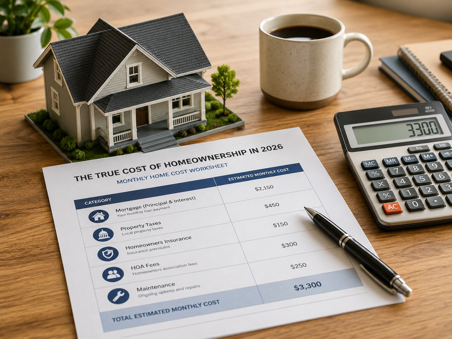 Homeownership cost breakdown showing mortgage, taxes, insurance, HOA, maintenance, and repairs