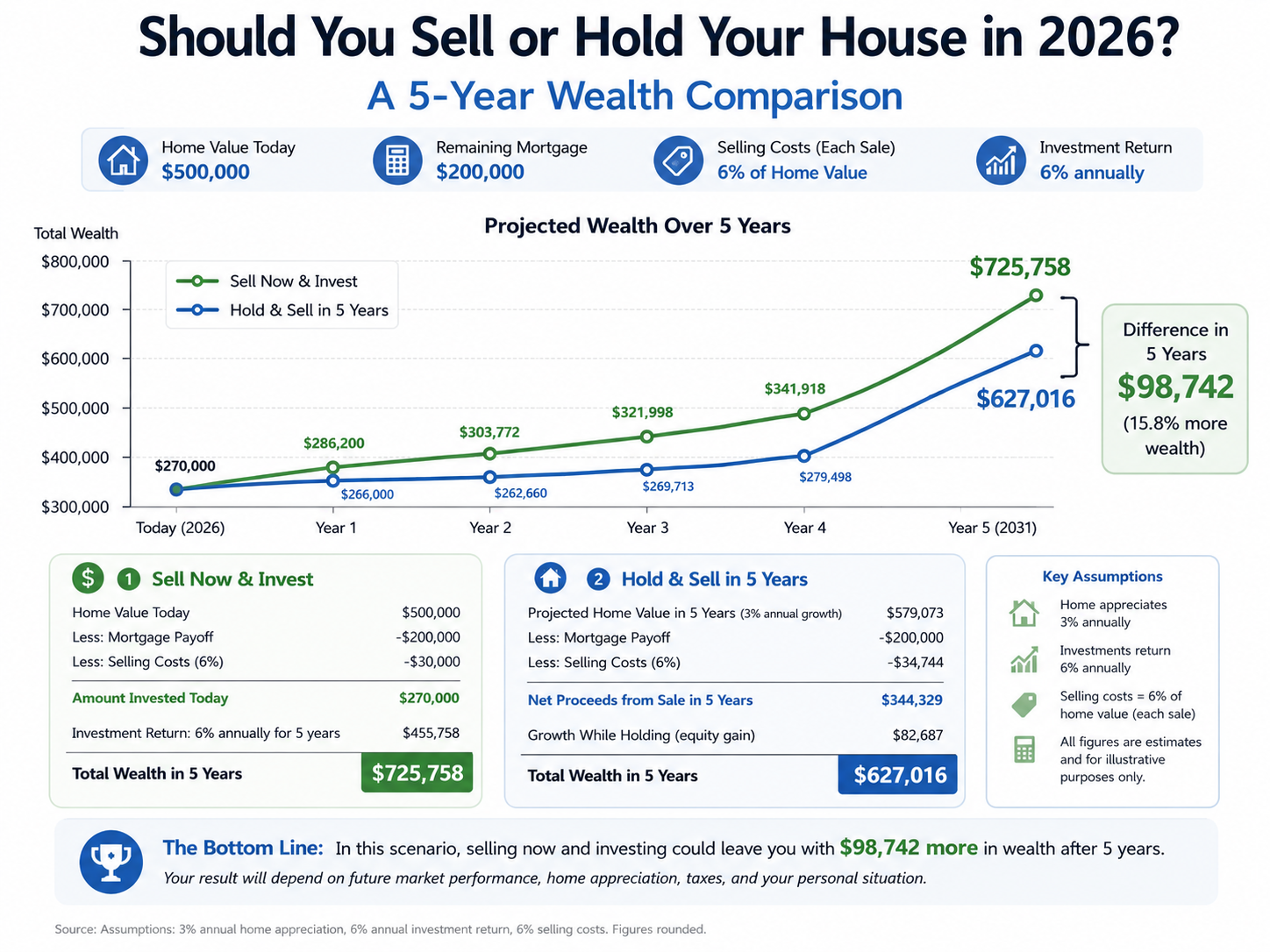 Five-year wealth comparison for selling now versus holding a home
