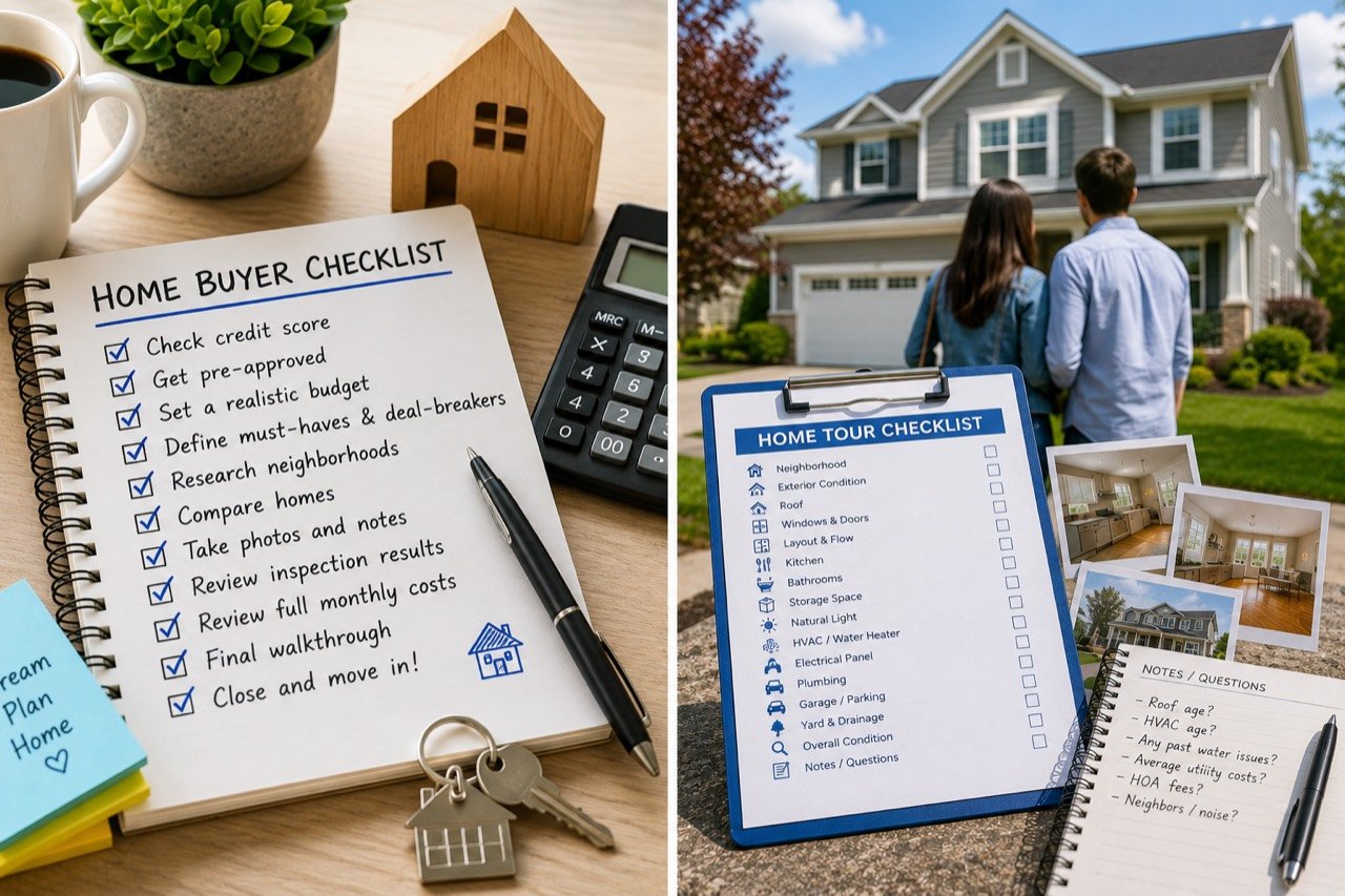 Home buyer checklist notebook with tasks for preparing, touring, offering, inspecting, and closing