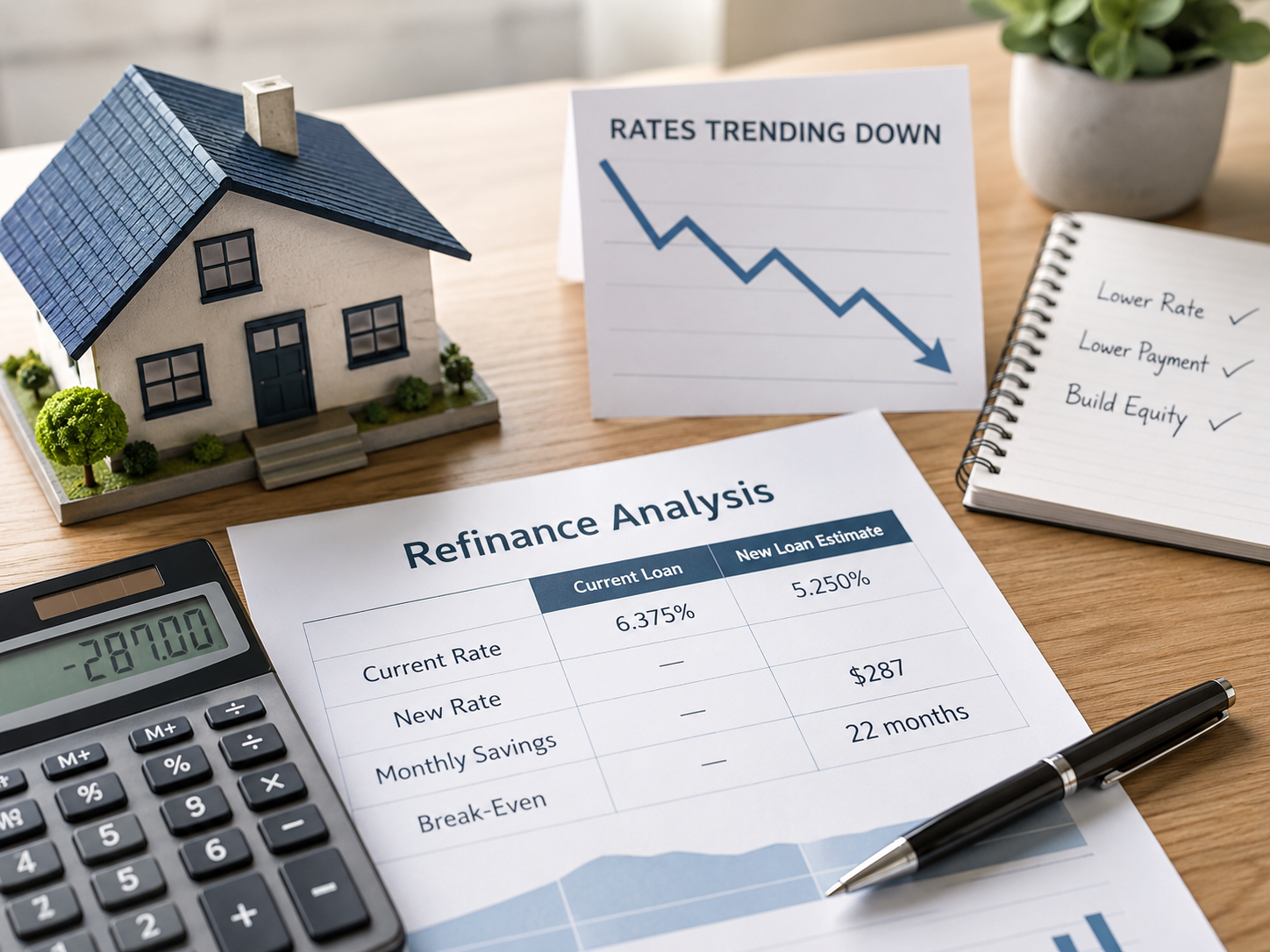 Mortgage refinance decision showing break-even, term reset, and cash-out considerations